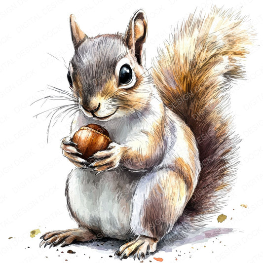 Watercolour Squirrel with Nut fussy cut sheet in US Letter format showing all 12 designs on one printable page