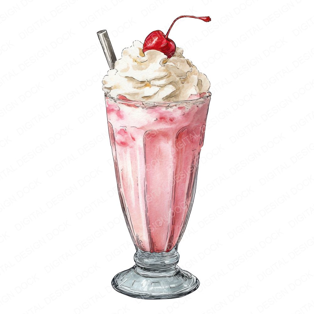 Watercolour Strawberry Milkshake Clipart Set (DDD007383)