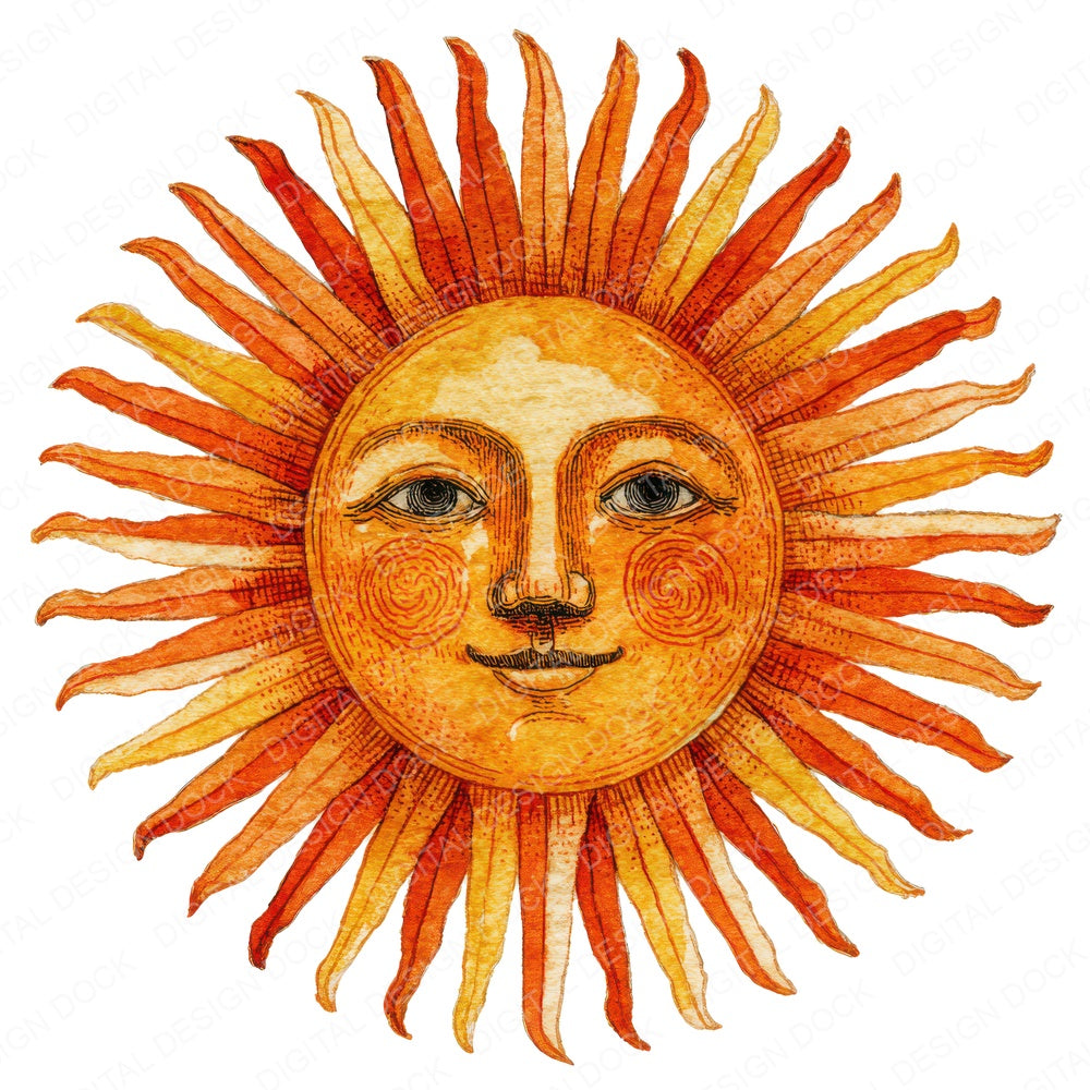 Watercolour Sun Face fussy cut sheet in US Letter format showing all 12 designs on one printable page