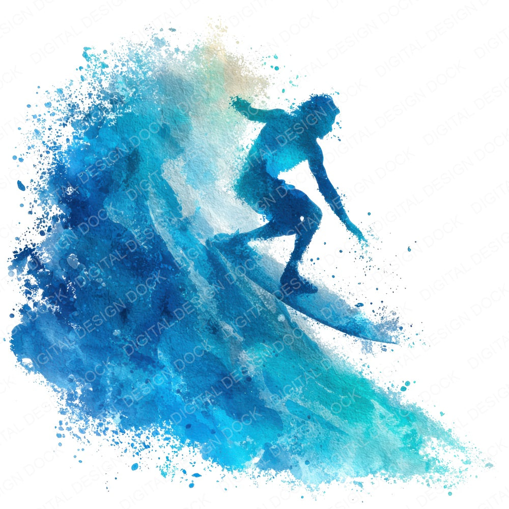 Watercolour Surfer on Wave fussy cut sheet in US Letter format showing all 12 designs on one printable page