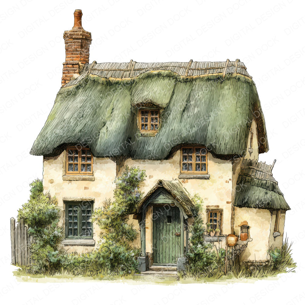 Watercolour Thatched Cottage fussy cut sheet in US Letter format showing all 12 designs on one printable page