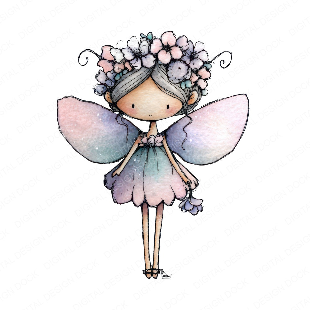 Watercolour Tiny Fairy fussy cut sheet in US Letter format showing all 12 designs on one printable page