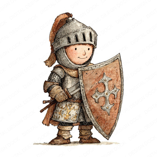 Watercolour Warrior with Shield fussy cut sheet in US Letter format showing all 12 designs on one printable page