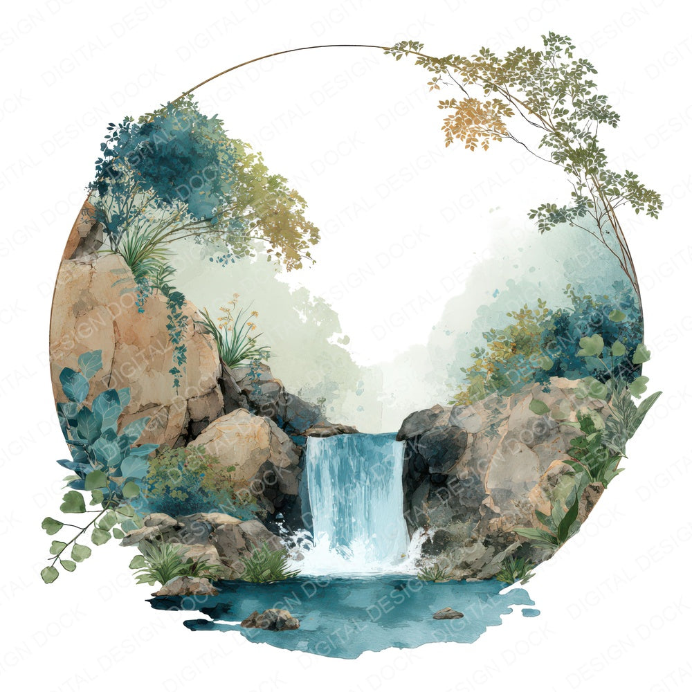 Watercolour Waterfall Circle fussy cut sheet in US Letter format showing all 12 designs on one printable page