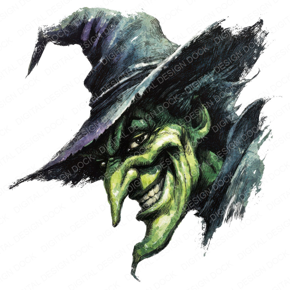 Watercolour Wicked Witch fussy cut sheet in US Letter format showing all 12 designs on one printable page