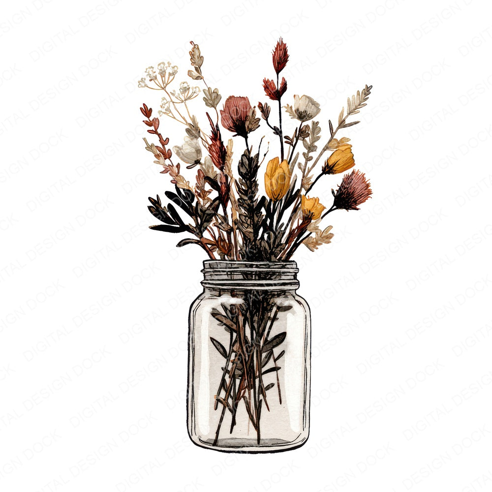 Watercolour Wildflower Glass Jar fussy cut sheet in US Letter format showing all 12 designs on one printable page