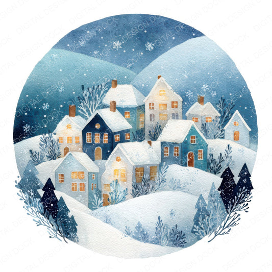 Watercolour Winter Village Circle Clipart Set (DDD008707)