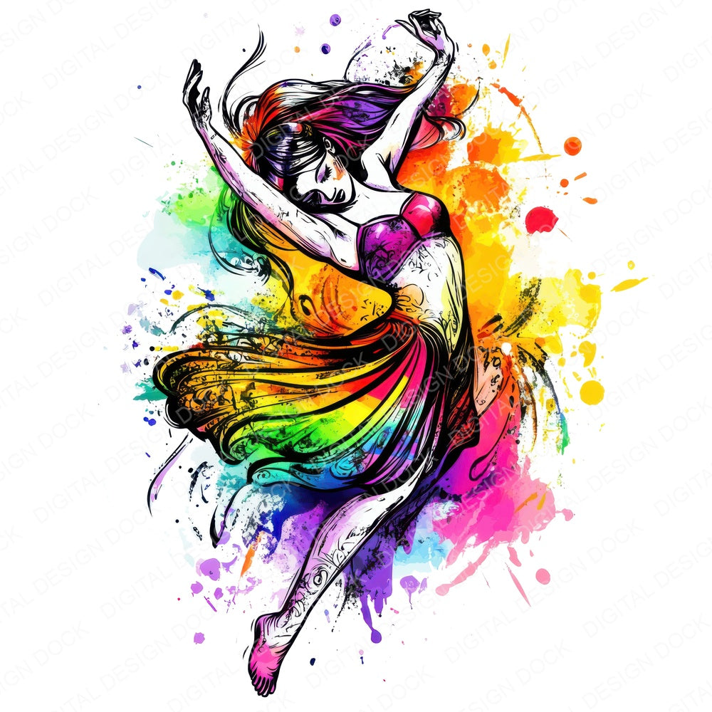 Watercolour Woman Dancing Spatter fussy cut sheet in US Letter format showing all 12 designs on one printable page