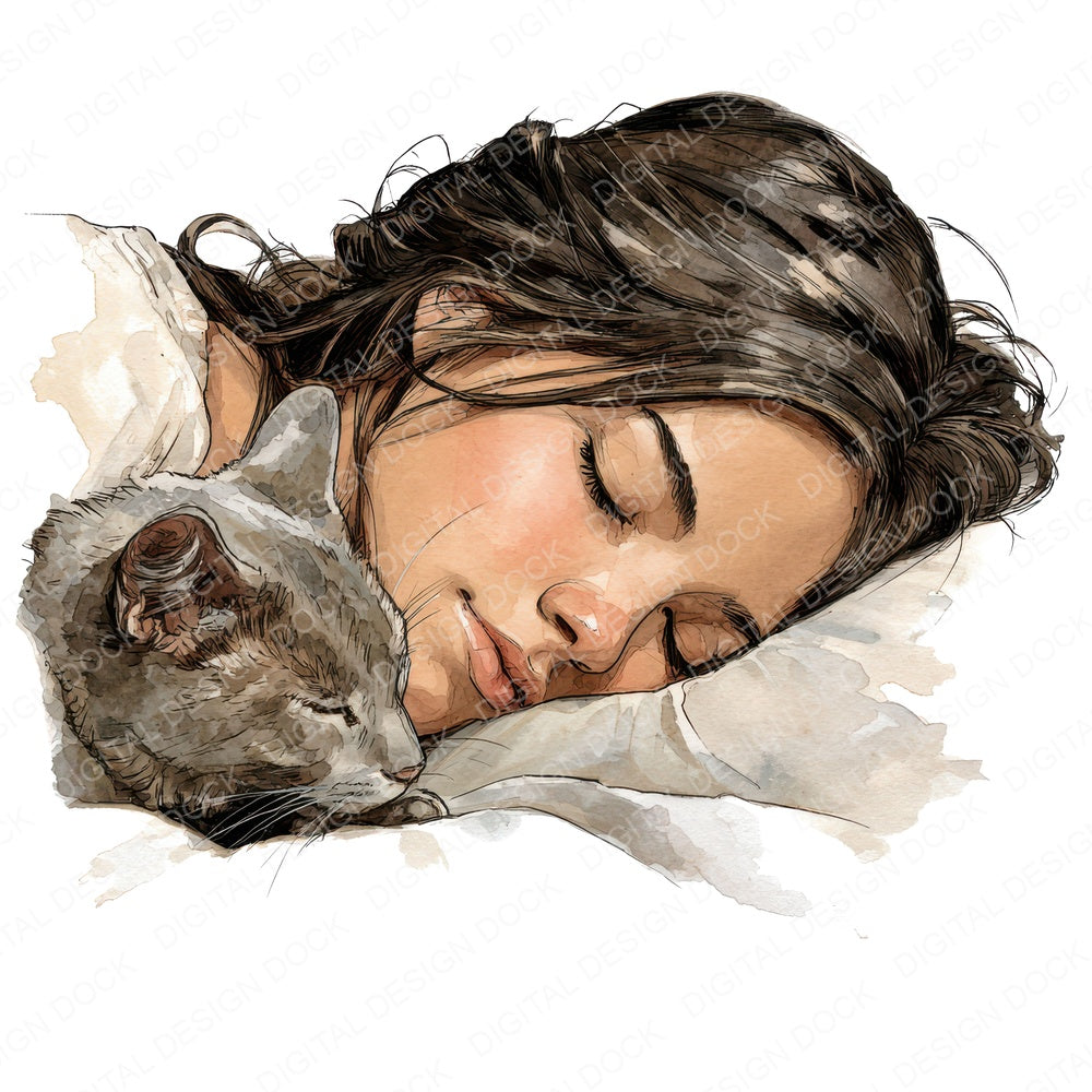 Watercolour Woman Sleeping with Cat fussy cut sheet in US Letter format showing all 12 designs on one printable page