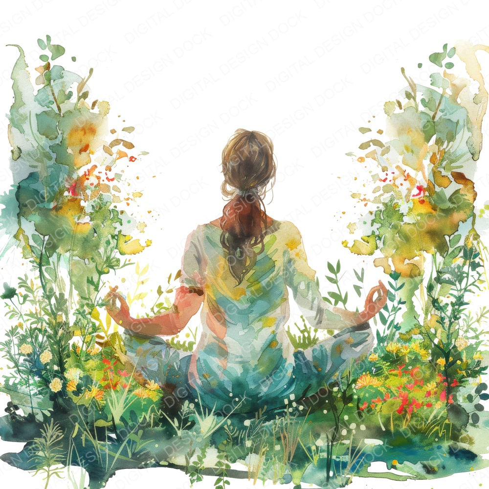 Watercolour Woman doing Yoga fussy cut sheet in US Letter format showing all 12 designs on one printable page