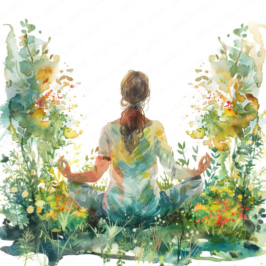 Watercolour Woman doing Yoga fussy cut sheet in US Letter format showing all 12 designs on one printable page