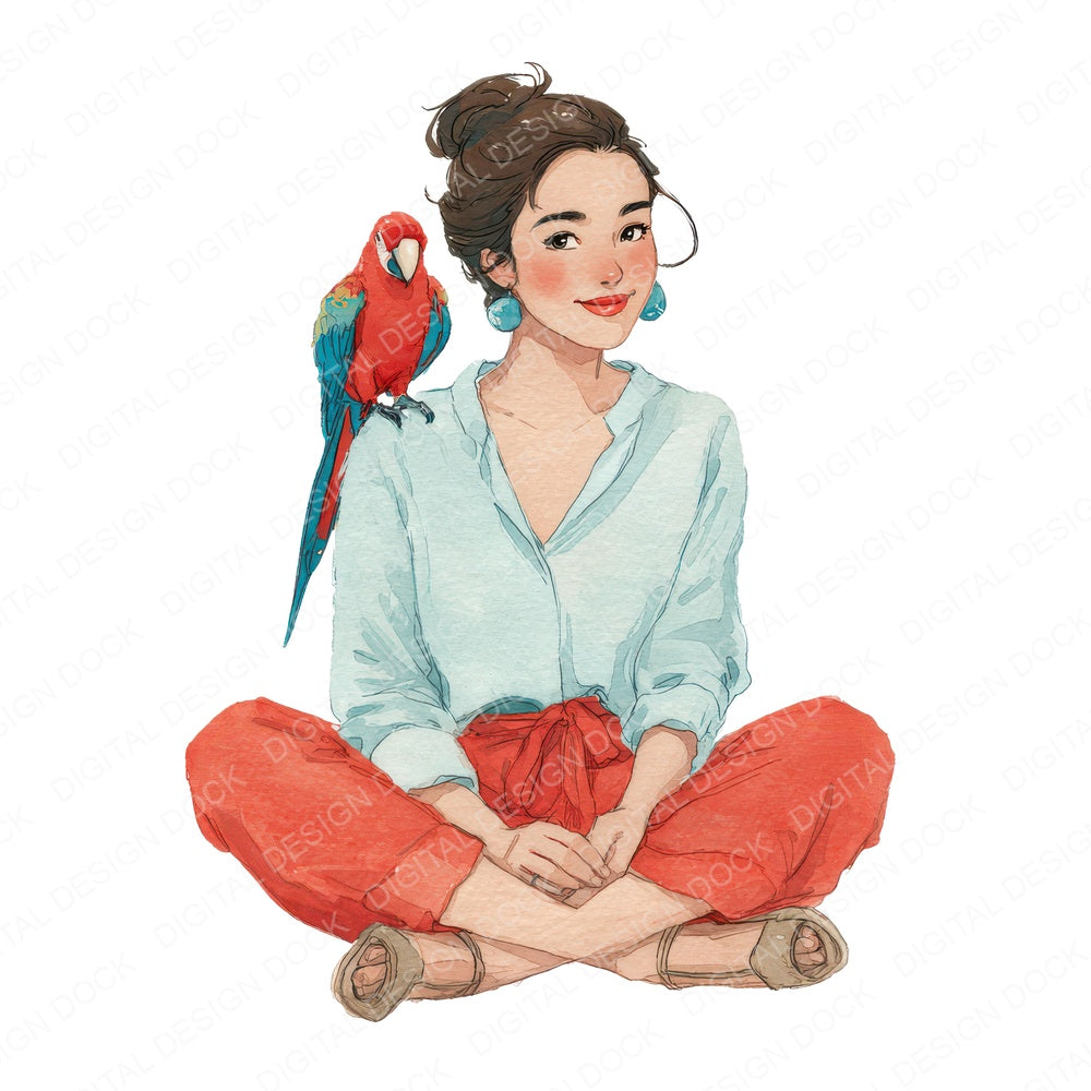 Watercolour Woman with Parrot fussy cut sheet in US Letter format showing all 12 designs on one printable page