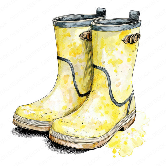 Watercolour Yellow Boots fussy cut sheet in US Letter format showing all 12 designs on one printable page