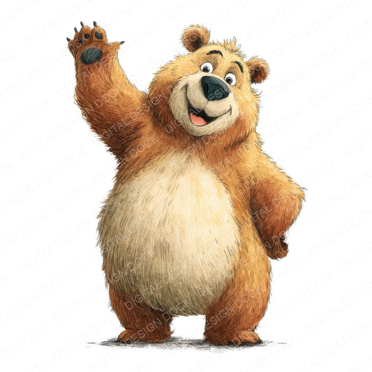 Waving Bear Cartoon Animal fussy cut sheet in US Letter format showing all 12 designs on one printable page