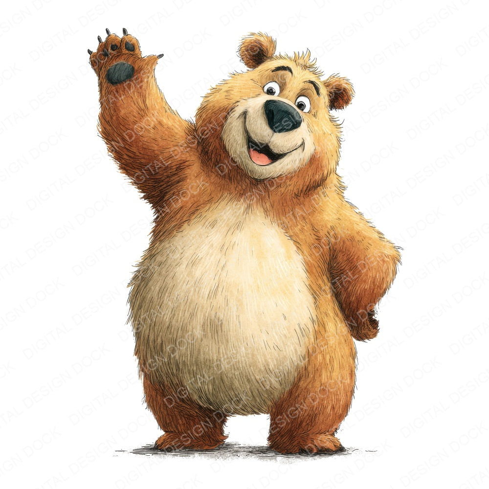 Waving Bear Cartoon Animal fussy cut sheet in US Letter format showing all 12 designs on one printable page