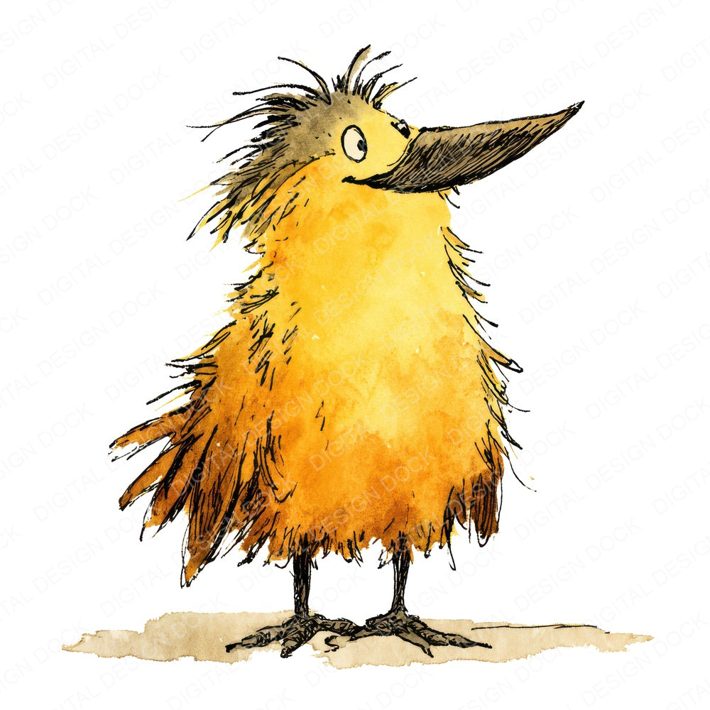 Whimsical Scruffy Bird Character fussy cut sheet in US Letter format showing all 12 designs on one printable page