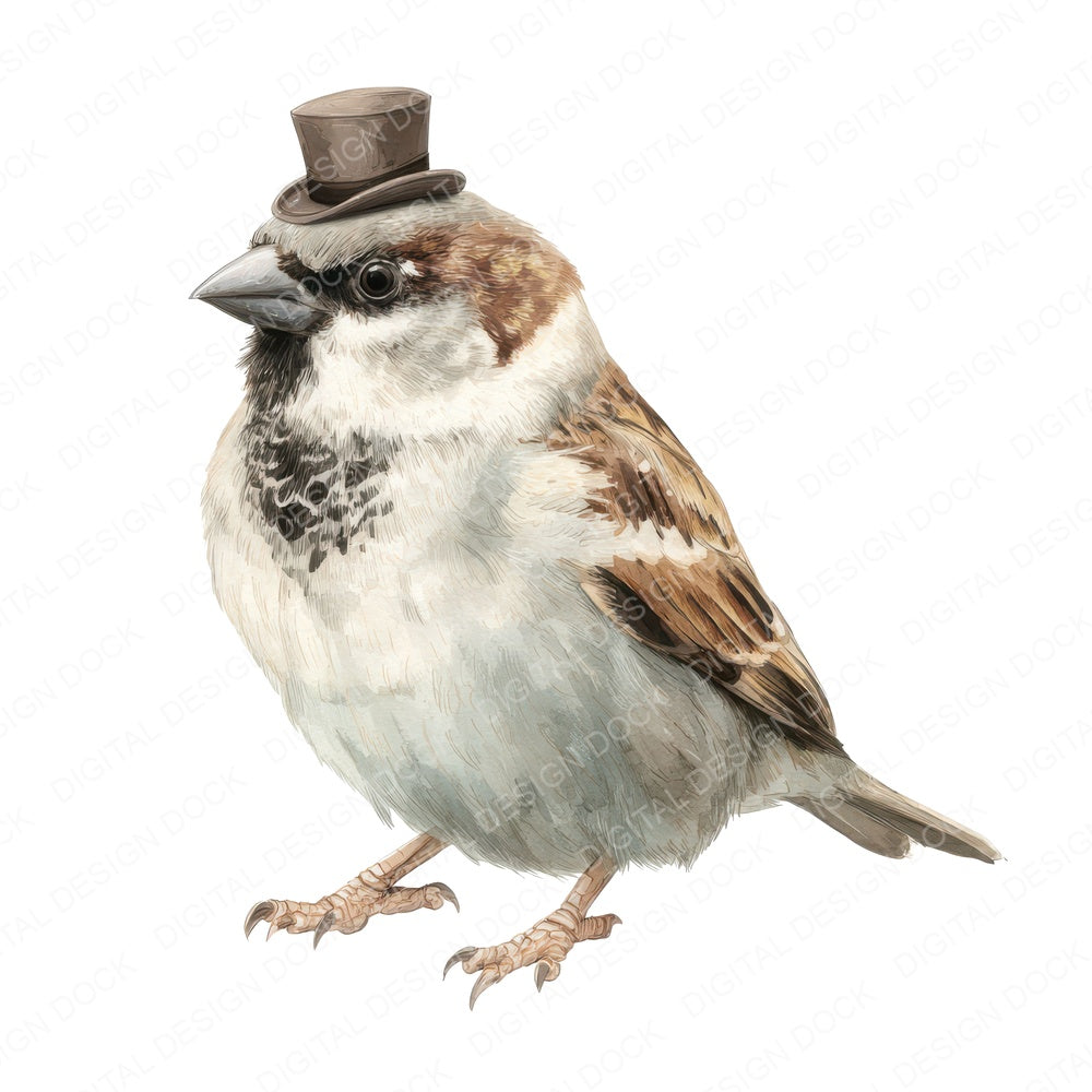 Whimsical Sparrow Top Hat fussy cut sheet in US Letter format showing all 12 designs on one printable page