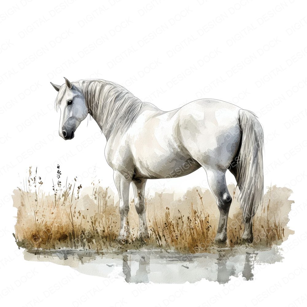 White Horse in Field Clipart Set (DDD007464)