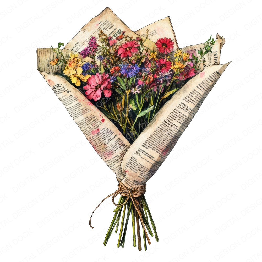 Wildflower Bouquet in Newspaper fussy cut sheet in US Letter format showing all 12 designs on one printable page