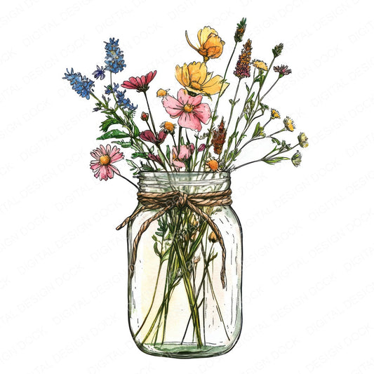 Wildflower Mason Jar fussy cut sheet in US Letter format showing all 12 designs on one printable page