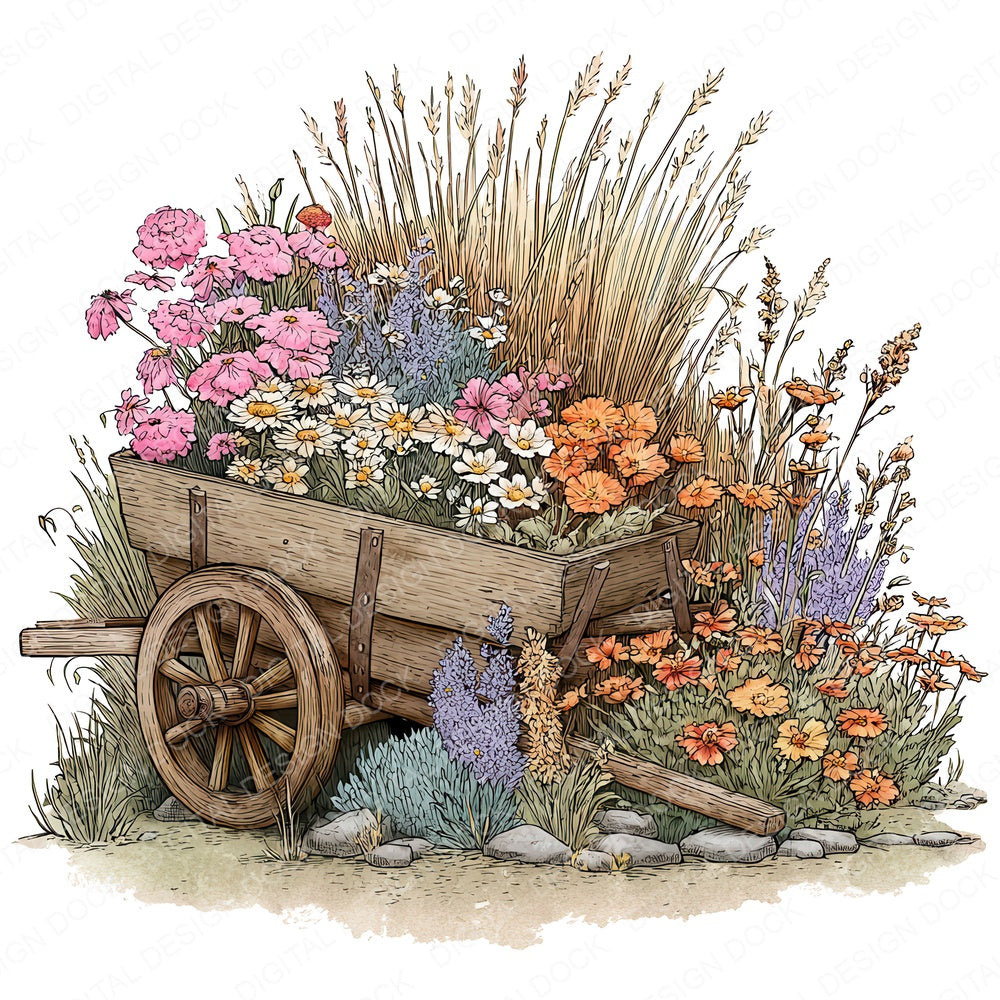 Wildflower Wheelbarrow fussy cut sheet in US Letter format showing all 12 designs on one printable page