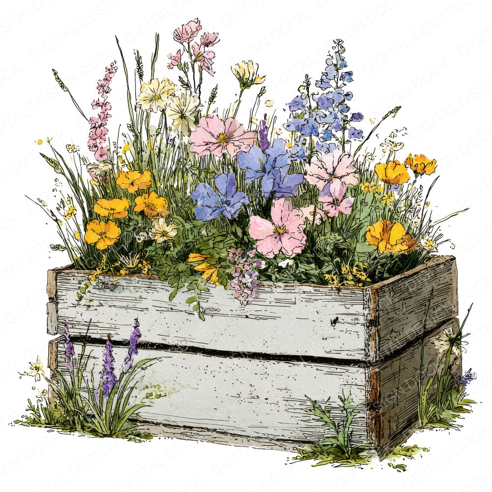 Wildflower Wooden Crate fussy cut sheet in US Letter format showing all 12 designs on one printable page