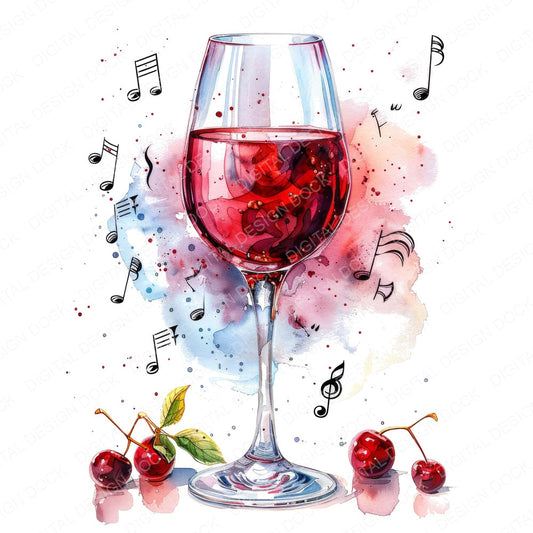 Wine Glass with Music Notes fussy cut sheet in US Letter format showing all 12 designs on one printable page
