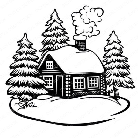 Winter Cabin Colouring Page fussy cut sheet in US Letter format showing all 12 designs on one printable page