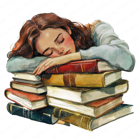 Woman Asleep on Books Reading fussy cut sheet in US Letter format showing all 12 designs on one printable page