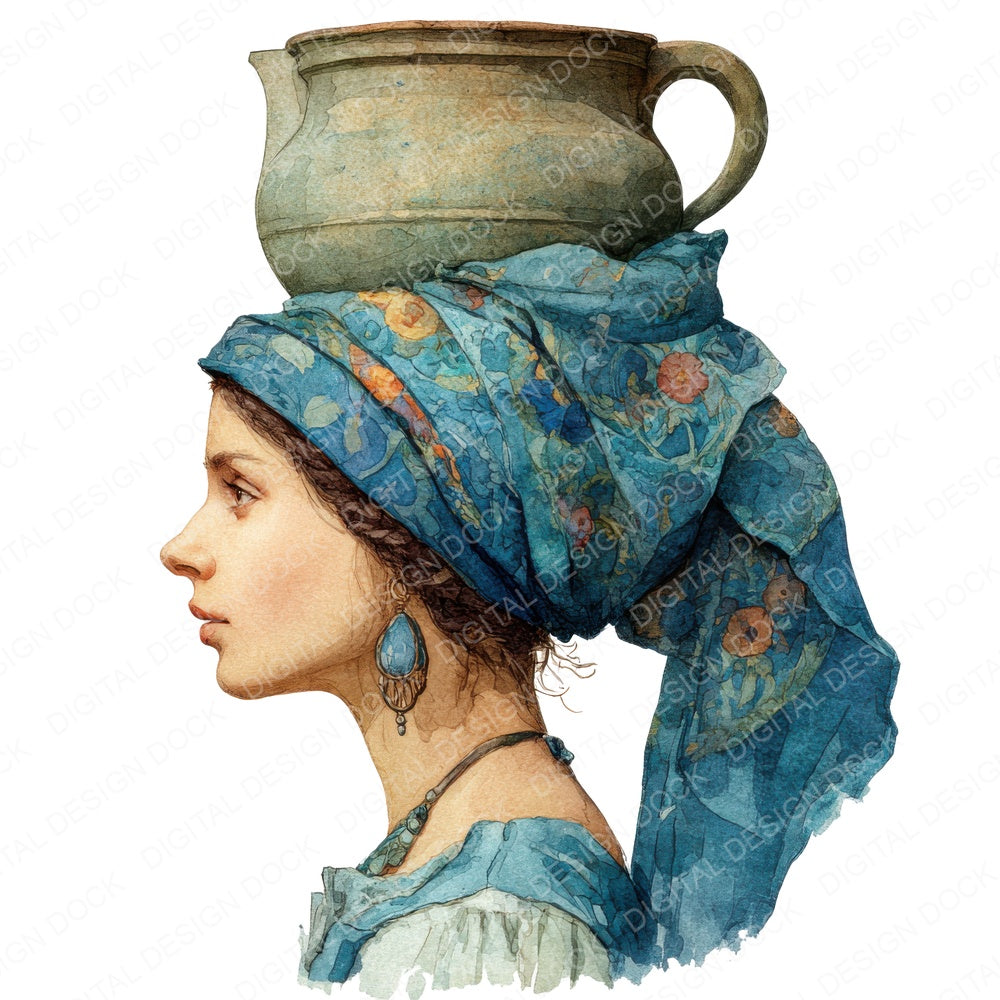 Woman Carrying Water Jug fussy cut sheet in US Letter format showing all 12 designs on one printable page