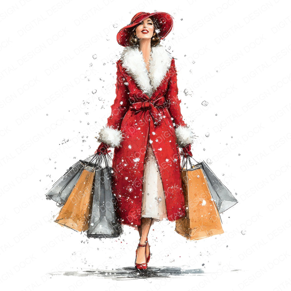Woman Christmas Shopping Outfit fussy cut sheet in US Letter format showing all 12 designs on one printable page