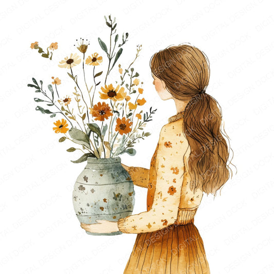 Woman Flower Arranging fussy cut sheet in US Letter format showing all 12 designs on one printable page