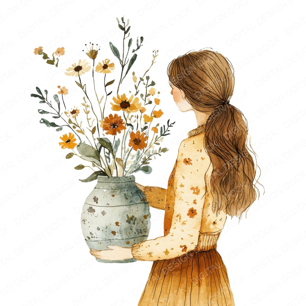 Woman Flower Arranging fussy cut sheet in US Letter format showing all 12 designs on one printable page