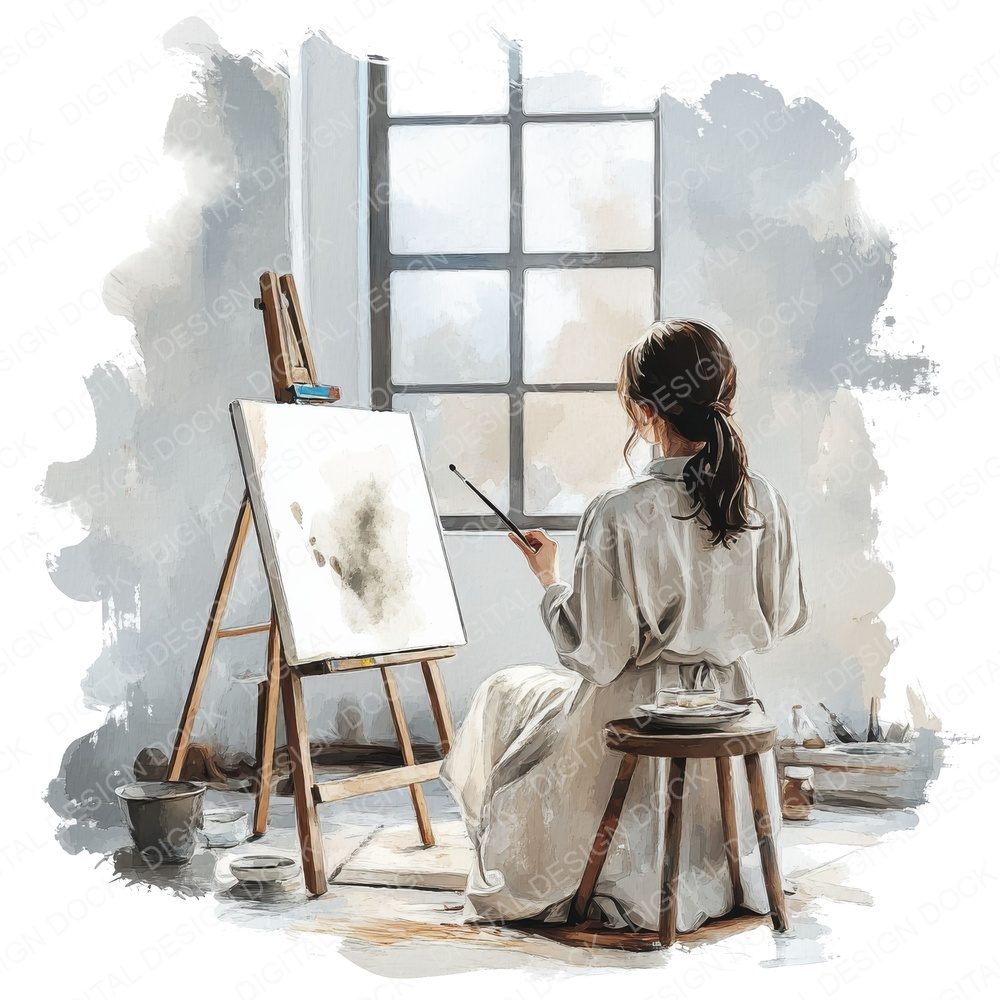 Woman Painting in Studio Clipart Set (DDD007551)