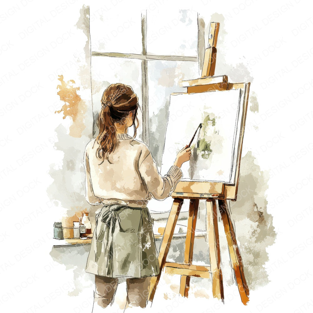 Woman Painting in Studio fussy cut sheet in US Letter format showing all 12 designs on one printable page