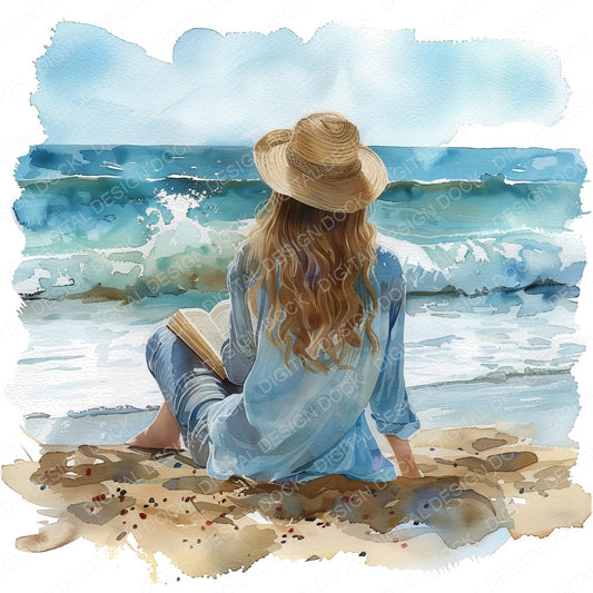 Woman Reading Book on Beach fussy cut sheet in US Letter format showing all 12 designs on one printable page