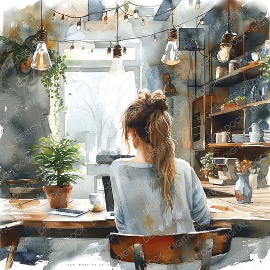 Woman in Cafe Working on Laptop fussy cut sheet in US Letter format showing all 12 designs on one printable page