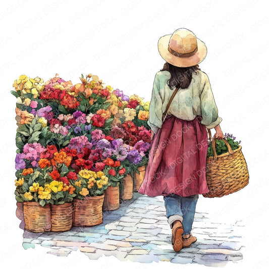 Woman in Flower Market fussy cut sheet in US Letter format showing all 12 designs on one printable page