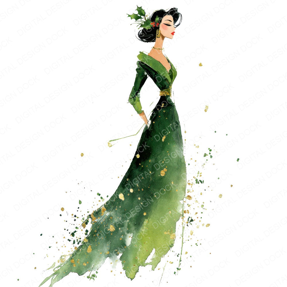 Woman in Green Christmas Gown fussy cut sheet in US Letter format showing all 12 designs on one printable page