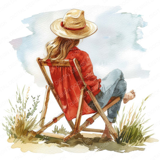 Woman on Beach Deck Chair fussy cut sheet in US Letter format showing all 12 designs on one printable page