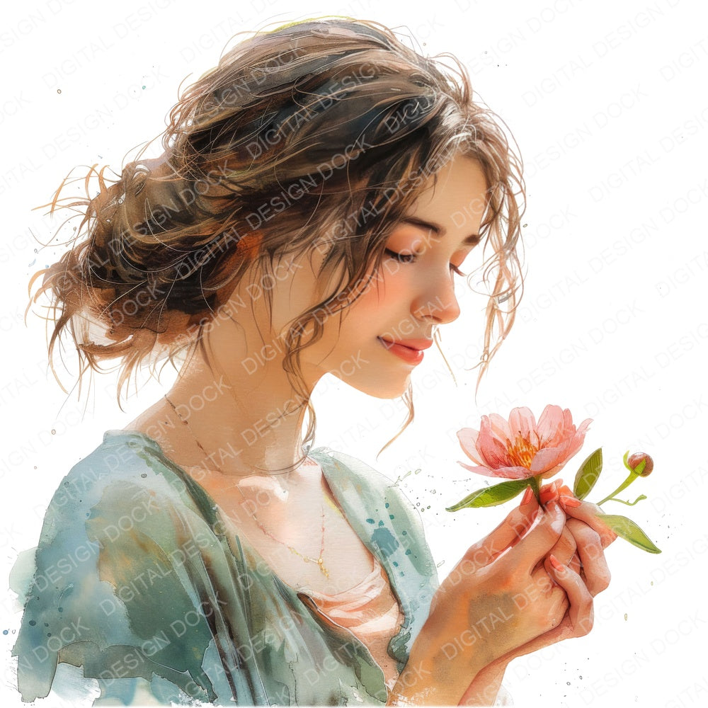 Woman with Single Flower A fussy cut sheet in US Letter format showing all 12 designs on one printable page