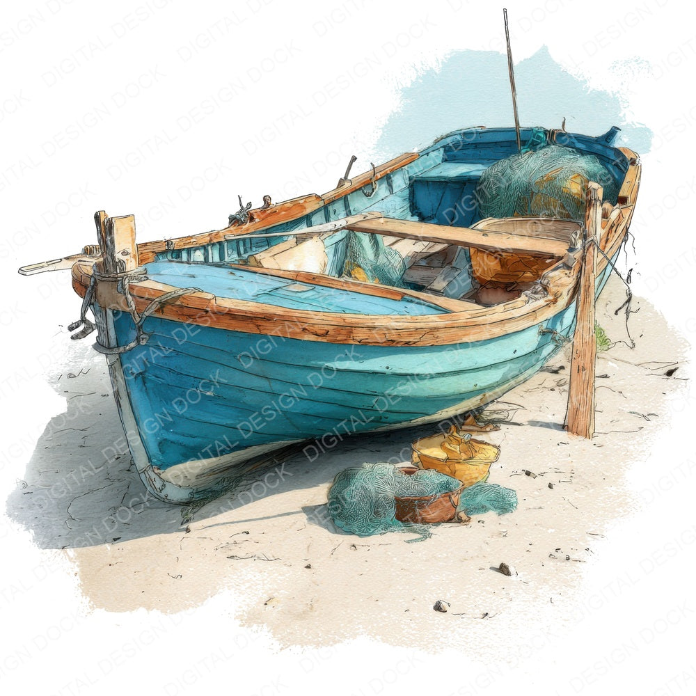 Wooden Fishing Boat fussy cut sheet in US Letter format showing all 12 designs on one printable page