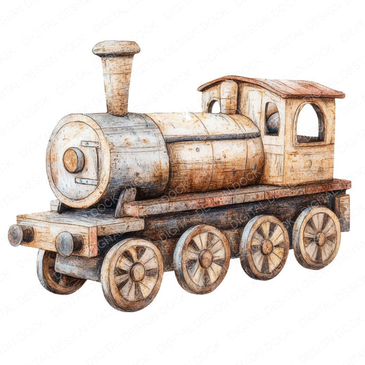 Wooden Toy Train fussy cut sheet in US Letter format showing all 12 designs on one printable page