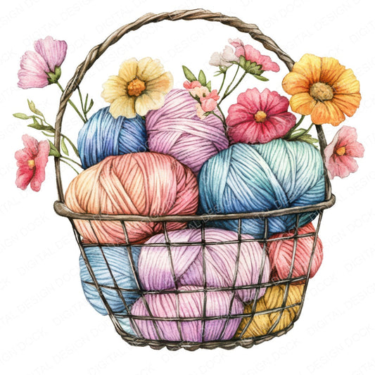 Wool Basket with Florals Clipart Set (DDD007586)