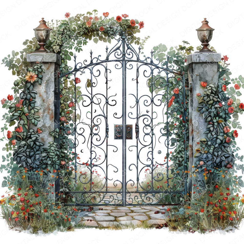 Wrought Iron Ornate Garden Gate B fussy cut sheet in US Letter format showing all 12 designs on one printable page