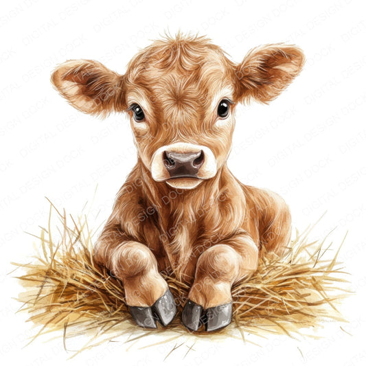 Young Brown Cow fussy cut sheet in US Letter format showing all 12 designs on one printable page