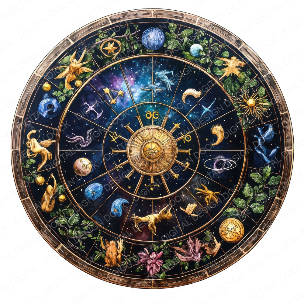Zodiac Astrology Wheel fussy cut sheet in US Letter format showing all 12 designs on one printable page