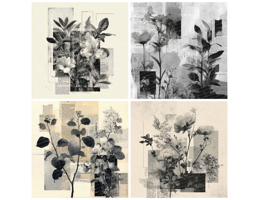 Black Zine Floral Collage Background Digital Paper Pack (DDD000081)