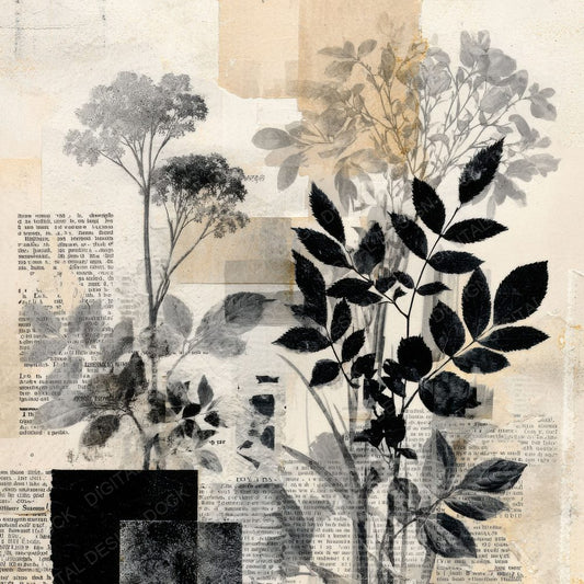 Black Zine Floral Collage Background Digital Paper Pack (DDD000081)