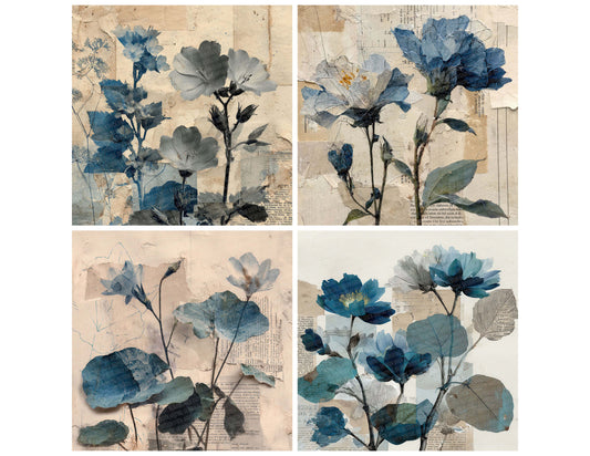 Blue Botanical Newsprint Background Digital Paper Pack (DDD000084)